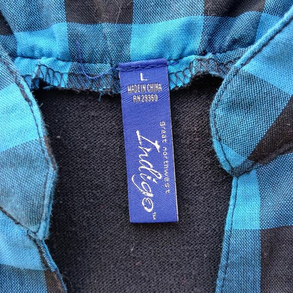 GNW Indigo Teal Layered Look Cardigan Blouse L plaid pintuck tunic roll sleeve - Picture 7 of 16